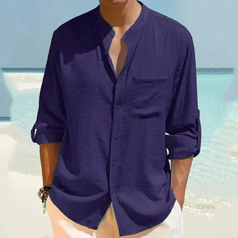 Men's Casual Cotton Linen Stand Collar Solid Color Long Sleeve Shirt 19976003M sold by Manly product image thumbnail 5