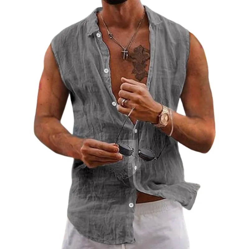 Men's Casual Solid Color Lapel Cotton Linen Sleeveless Shirt 90185192TO sold by Manly
