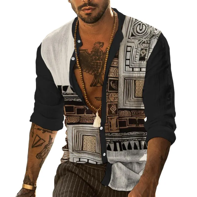 Men's Retro Ethnic Color Block Stand Collar Shirt 29552181TO sold by Manly