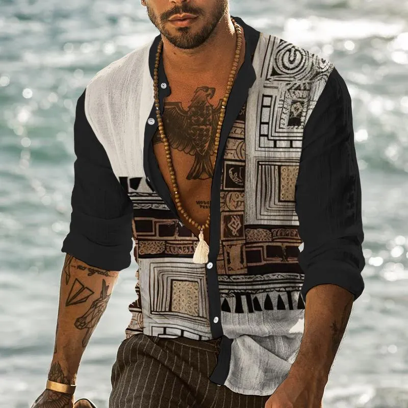 Men's Retro Ethnic Color Block Stand Collar Shirt 29552181TO sold by Manly product image thumbnail 2