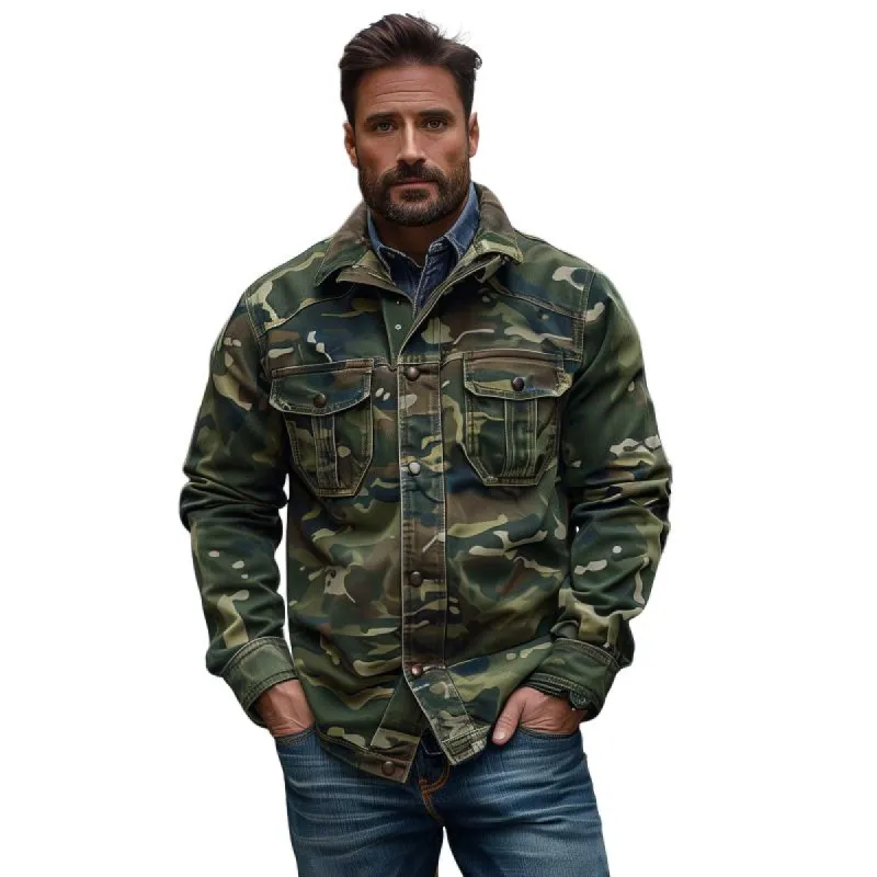 Men's Casual Outdoor Camouflage Lapel Flap Pocket Single Breasted Jacket 32936648M sold by Manly