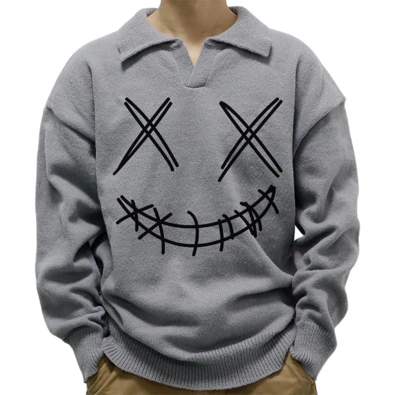 Men's Casual Polo Collar Smiley Print Long Sleeve Pullover Sweater 06071095M sold by Manly