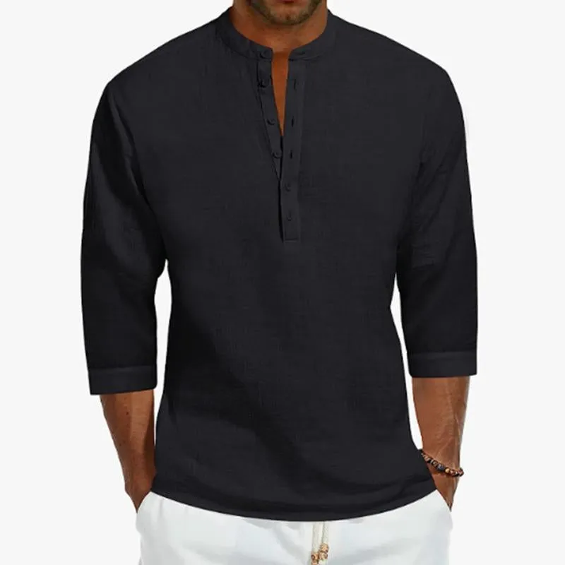 Men's Casual Solid Color Stand Collar Linen 3/4 Sleeve Shirt 02658028M sold by Manly product image thumbnail 4