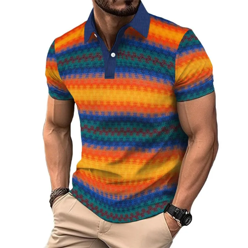 Men's Retro Colorful Striped Short Sleeve POLO Shirt 42056123TO sold by Manly
