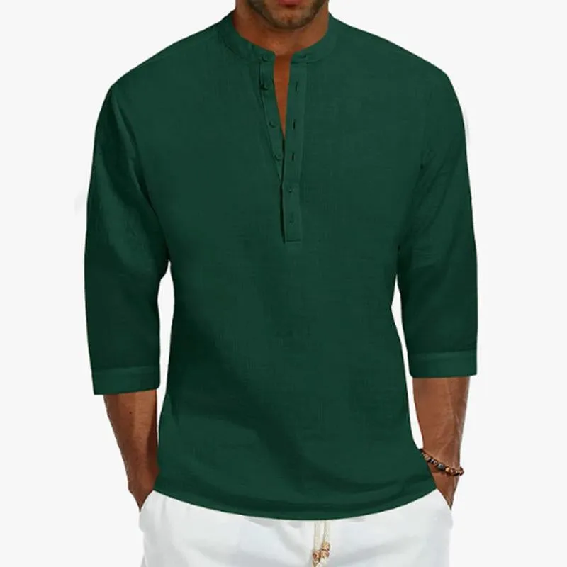 Men's Casual Solid Color Stand Collar Linen 3/4 Sleeve Shirt 02658028M sold by Manly product image thumbnail 3