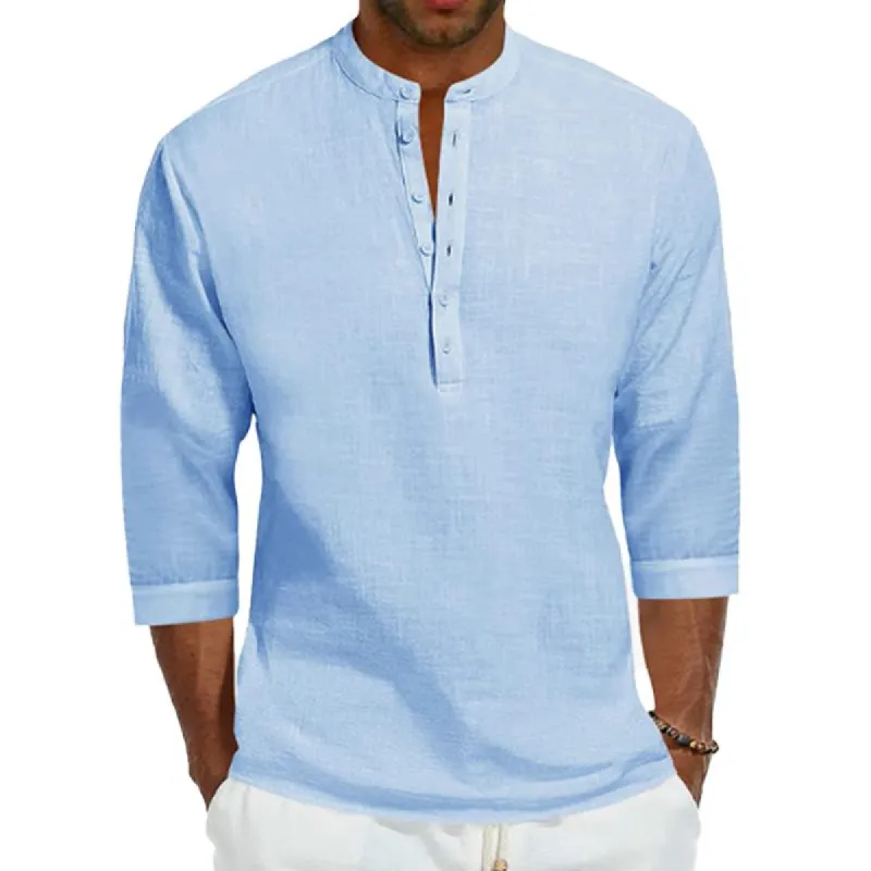Men's Casual Solid Color Stand Collar Linen 3/4 Sleeve Shirt 02658028M sold by Manly