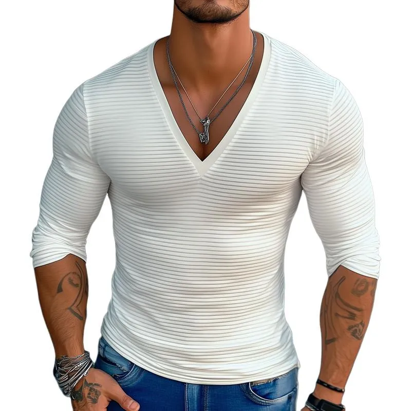 Men's Solid Striped V Neck Long Sleeve Casual T-shirt 45078405Z sold by Manly
