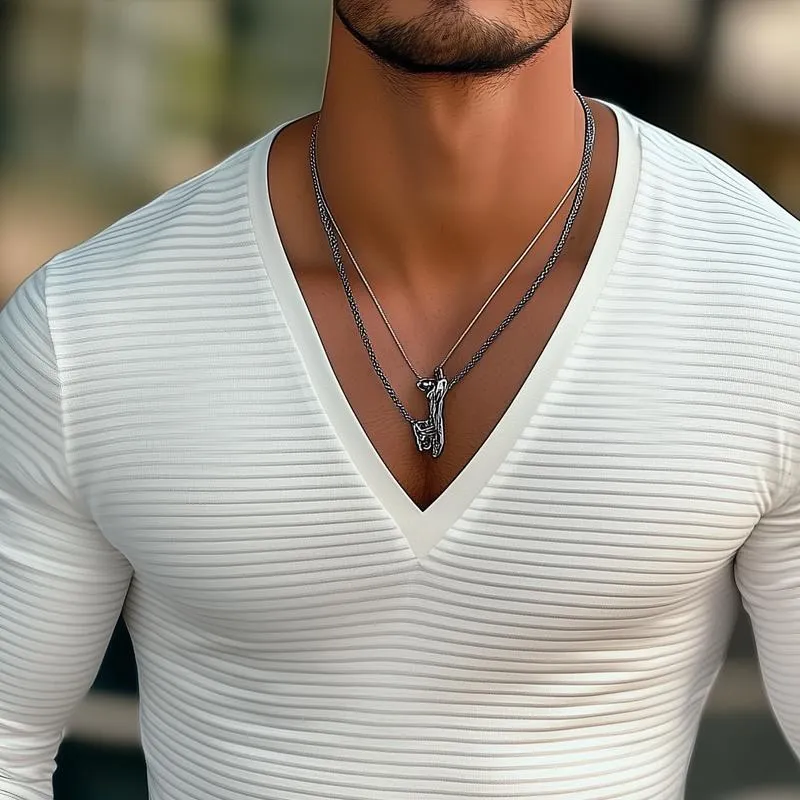 Men's Solid Striped V Neck Long Sleeve Casual T-shirt 45078405Z sold by Manly product image thumbnail 3