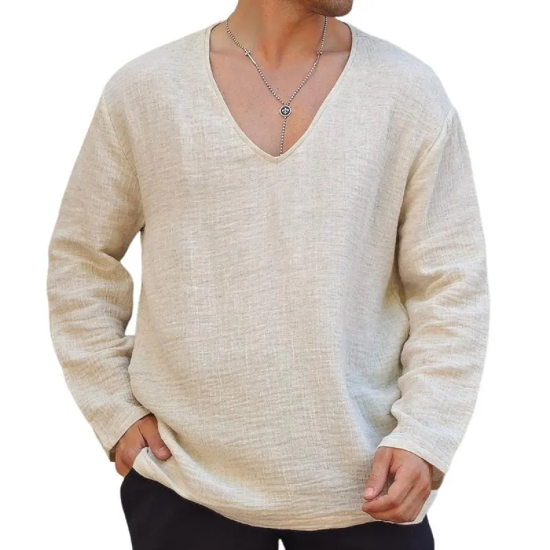 Men's Retro Casual V-Neck Linen Long Sleeve Shirt 30744382TO sold by Manly