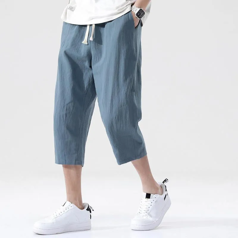 Men's Casual Cotton Linen Elastic Waist Loose Cropped Pants 99636076M sold by Manly product image thumbnail 3