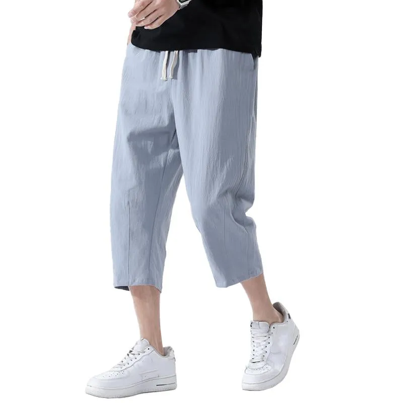 Men's Casual Cotton Linen Elastic Waist Loose Cropped Pants 99636076M sold by Manly