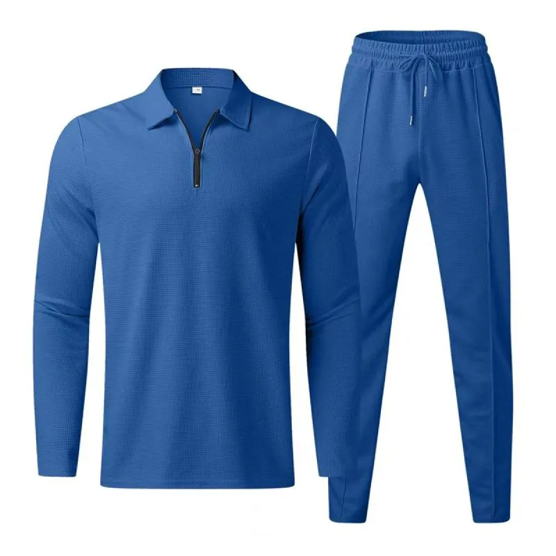 Men's Casual Lapel Long-Sleeved Polo Shirt And Trousers Two-Piece Set 09461761M sold by Manly