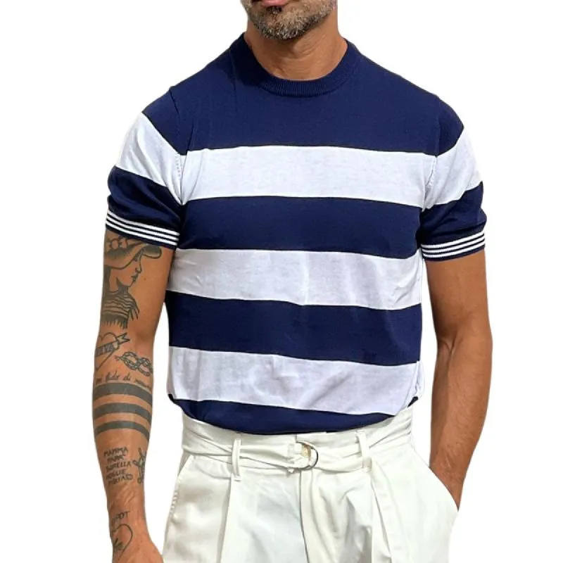 Men's Casual Vintage Navy Striped Crew Neck T-Shirt 25045314TO sold by Manly