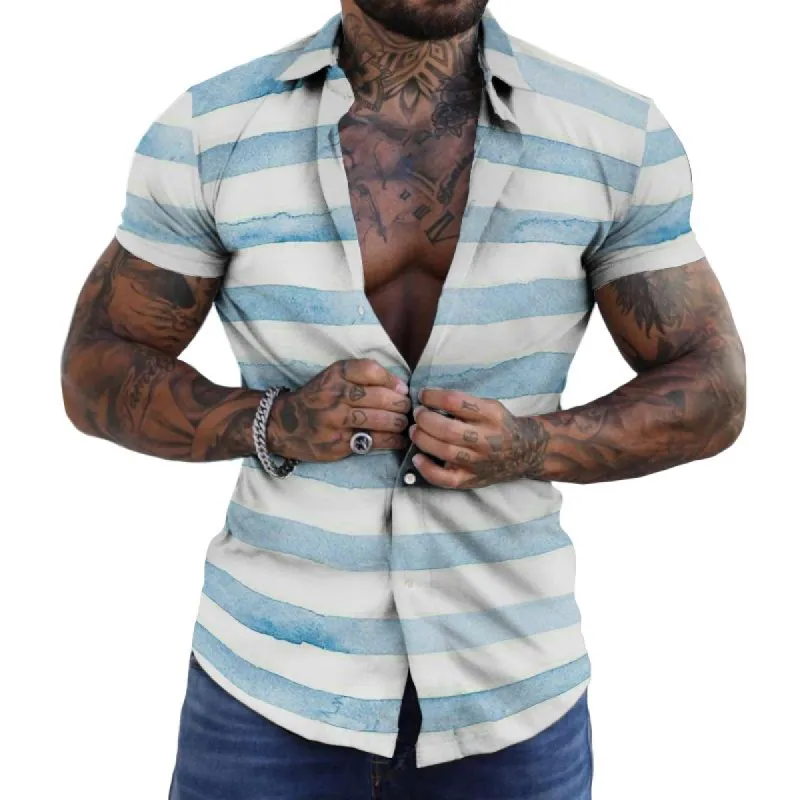Men's Casual Striped Lapel Short Sleeve Shirt 44013745TO sold by Manly
