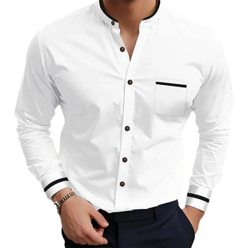 Men's Colorblock Stand Collar Long Sleeve Shirt 01838028Z sold by Manly
