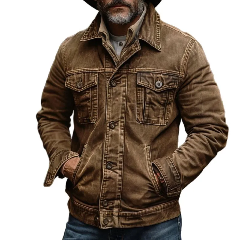 Men's Vintage Washed Denim Lapel Single Breasted Slim Fit Long Sleeve Jacket 68036256M sold by Manly