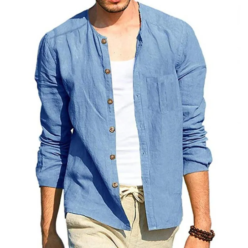 Men's Casual Solid Color Collarless Cotton Linen Long Sleeve Shirt 64821985Y sold by Manly