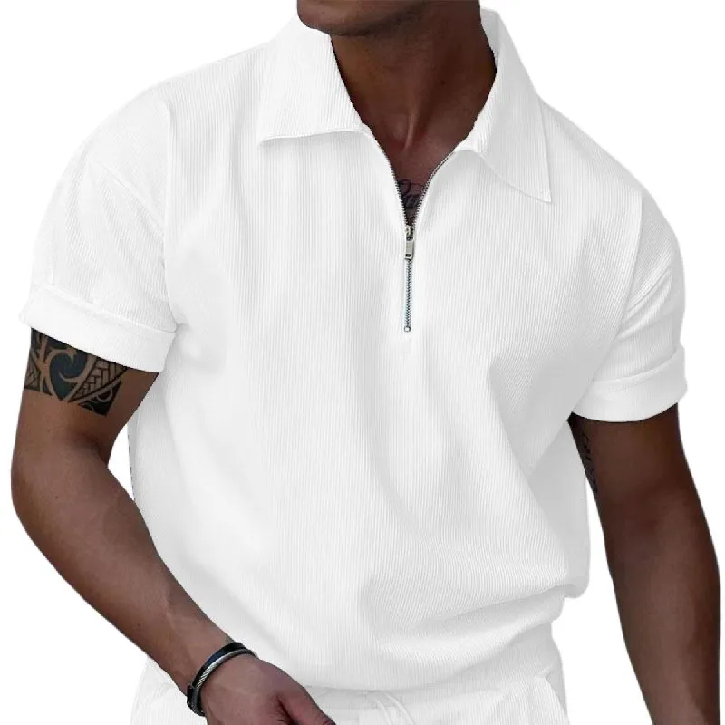 Men's Solid Color Zipper Lapel Short Sleeve Polo Shirt 47900104Y sold by Manly