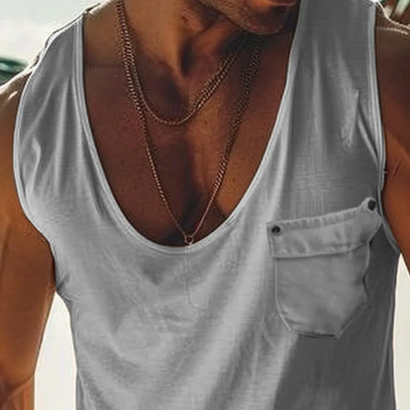 Men's Casual Cotton Blend U-Neck Patch Pocket Slim Fit Tank Top 37073959M sold by Manly product image thumbnail 3