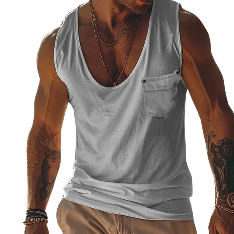 Men's Casual Cotton Blend U-Neck Patch Pocket Slim Fit Tank Top 37073959M sold by Manly