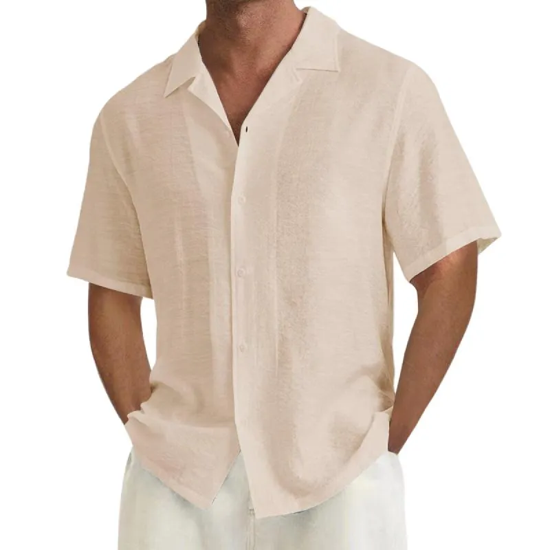 Men's Solid Loose Cotton And Linen Lapel Short Sleeve Shirt 31448652Z sold by Manly
