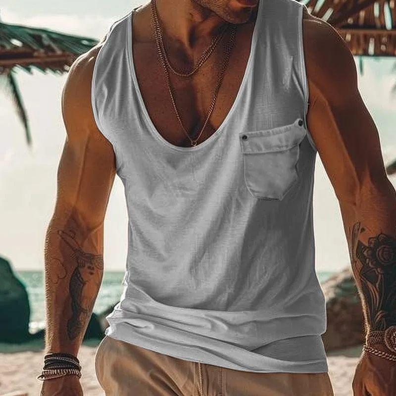 Men's Casual Cotton Blend U-Neck Patch Pocket Slim Fit Tank Top 37073959M sold by Manly product image thumbnail 2