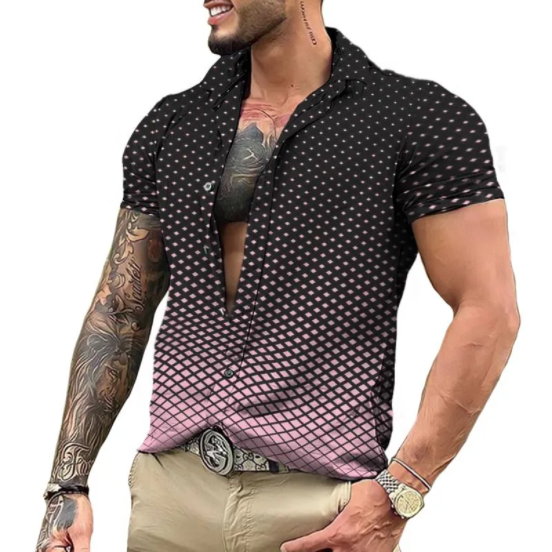 Men's Casual Geometric Gradient Lapel Short Sleeve Shirt 81981723TO sold by Manly
