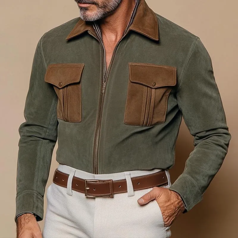 Men's Fashion Suede Colorblock Lapel Chest Pocket Zipper Cargo Jacket 73909836Z sold by Manly product image thumbnail 2