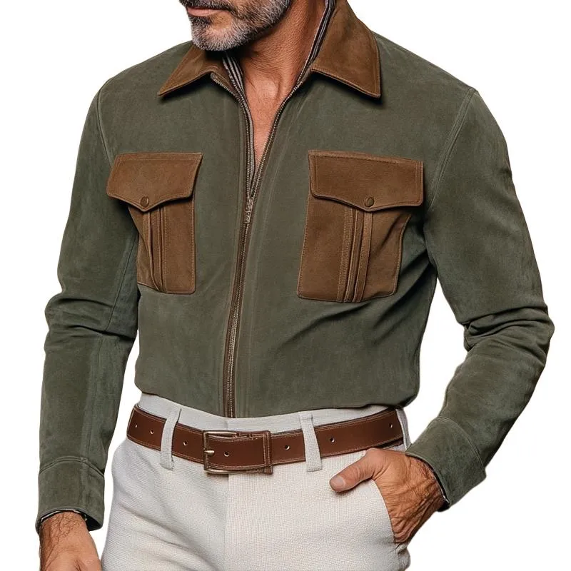Men's Fashion Suede Colorblock Lapel Chest Pocket Zipper Cargo Jacket 73909836Z sold by Manly