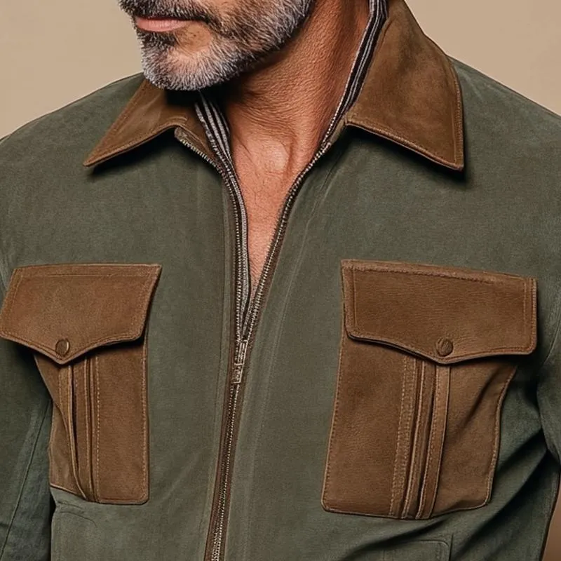 Men's Fashion Suede Colorblock Lapel Chest Pocket Zipper Cargo Jacket 73909836Z sold by Manly product image thumbnail 3