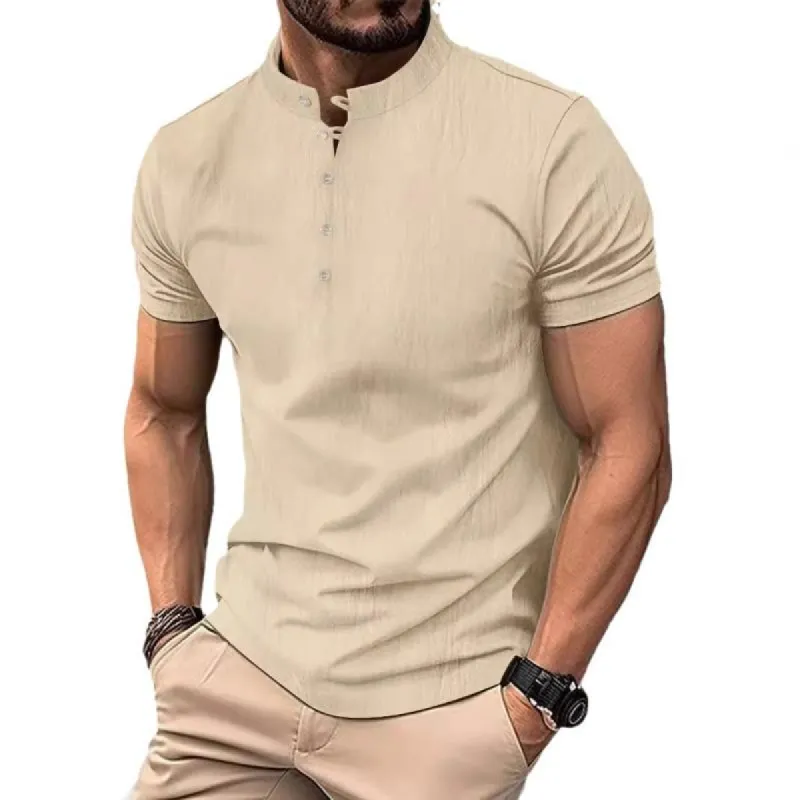 Men's Cotton And Linen Button-Down Short-Sleeved T-Shirt 65874980Y sold by Manly