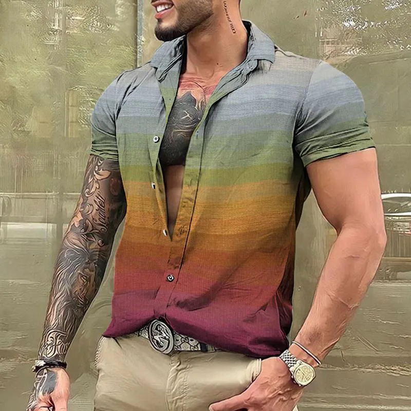 Men's Retro Rainbow Stripe Lapel Short Sleeve Shirt 52770602TO sold by Manly product image thumbnail 2