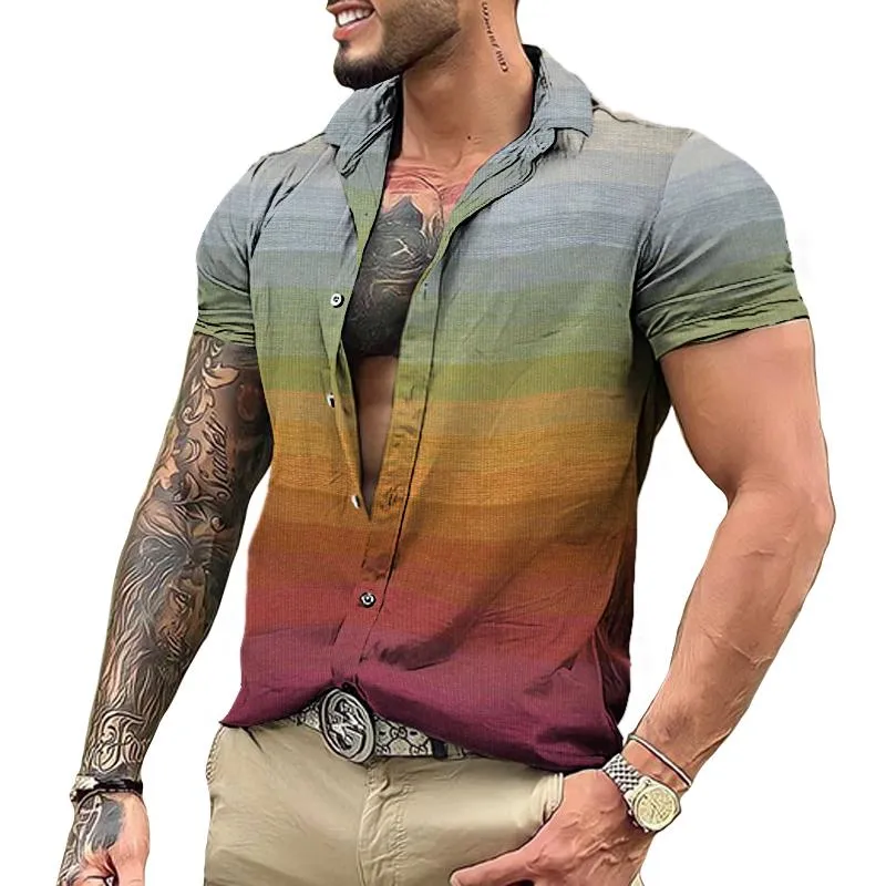 Men's Retro Rainbow Stripe Lapel Short Sleeve Shirt 52770602TO sold by Manly