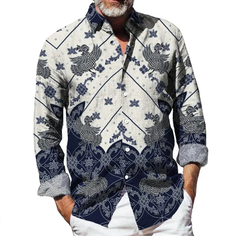 Men's Retro Ethnic Color Block Lapel Long Sleeve Shirt 95341851TO sold by Manly