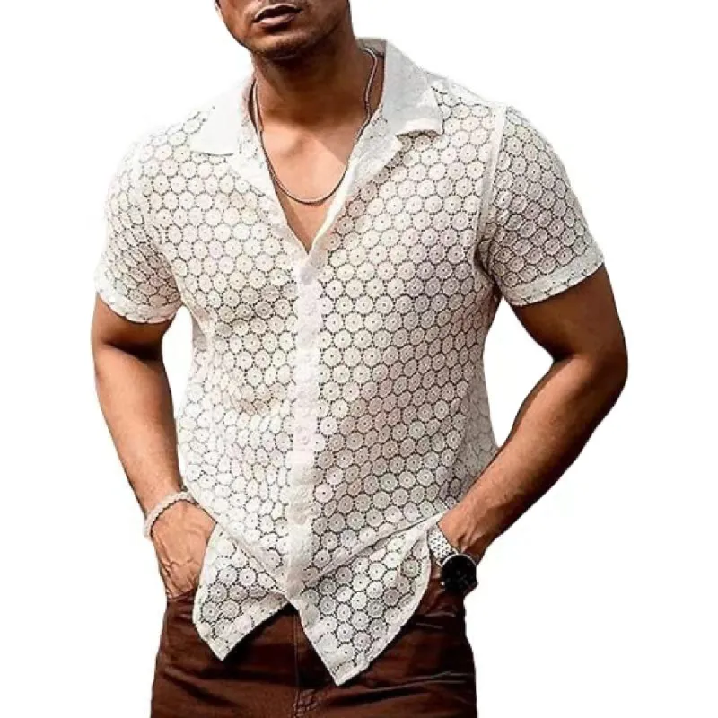 Men's Lace Lapel Short Sleeve Single Breasted Shirt 27965104Z sold by Manly