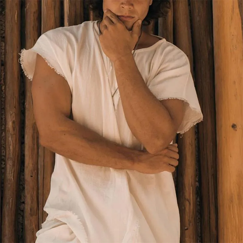 Men's Casual Solid Color Cotton and Linen Raw Edge Short-sleeved T-shirt 20701057TO sold by Manly product image thumbnail 3