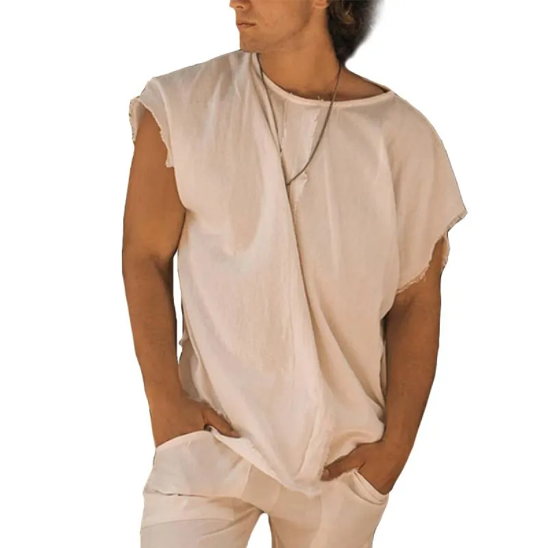 Men's Casual Solid Color Cotton and Linen Raw Edge Short-sleeved T-shirt 20701057TO sold by Manly