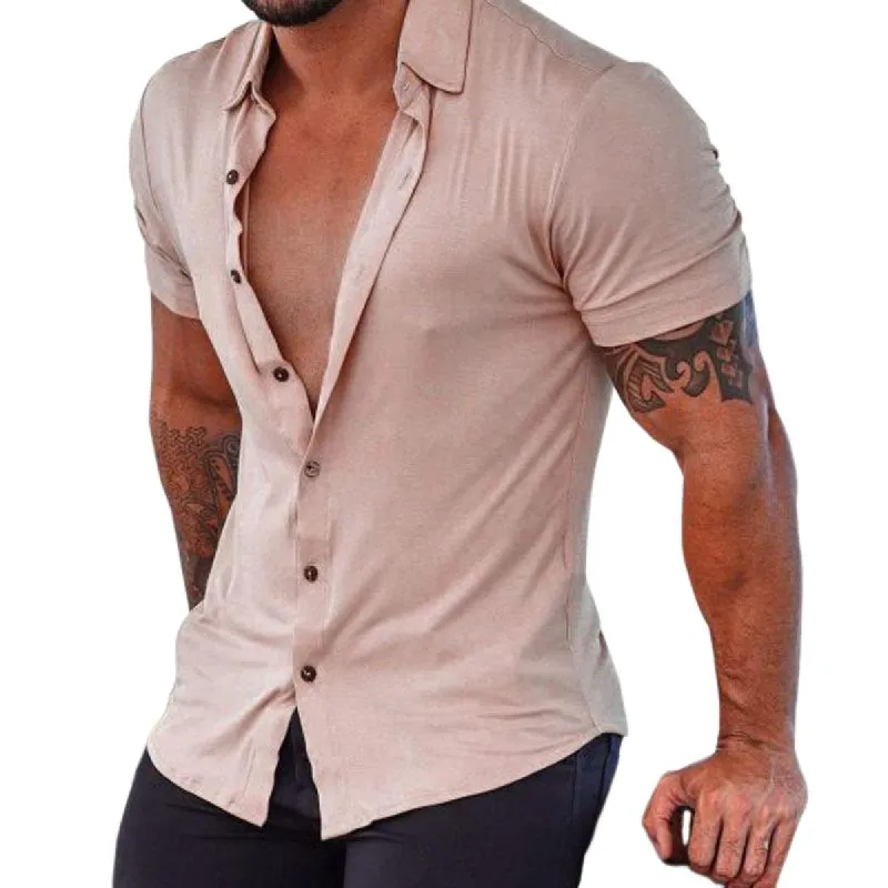 Men's Casual Solid Color Lapel Short Sleeve Shirt 34368075TO sold by Manly