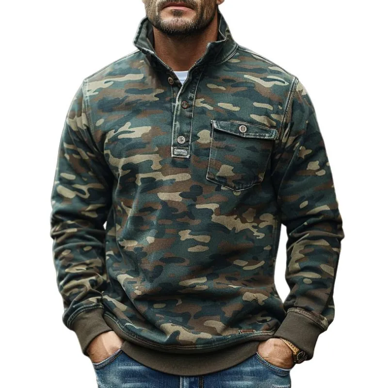 Men's Camouflage Print Chest Pocket Henley Collar Stand Collar Sweatshirt 38618151Y sold by Manly