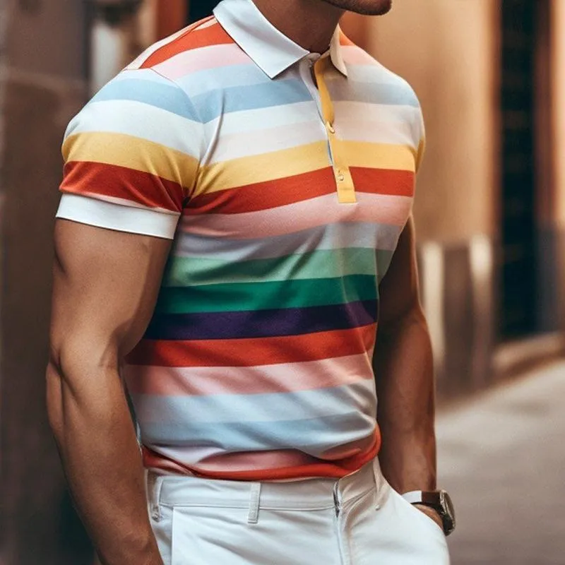 Men's Stripe Print Short Sleeve Lapel Polo Shirt 56376055X sold by Manly product image thumbnail 5