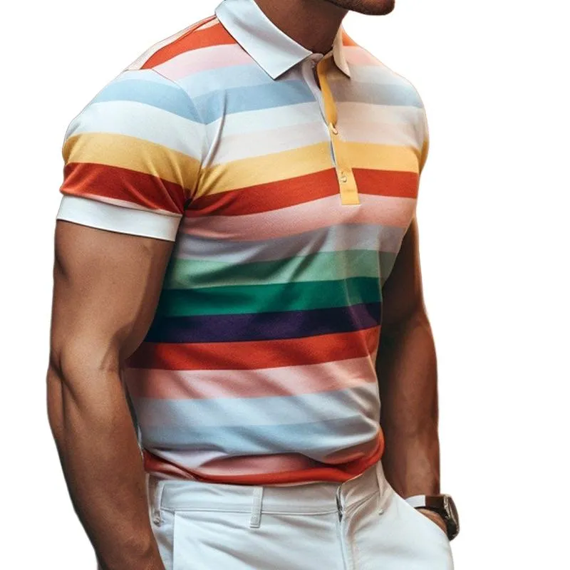 Men's Stripe Print Short Sleeve Lapel Polo Shirt 56376055X sold by Manly
