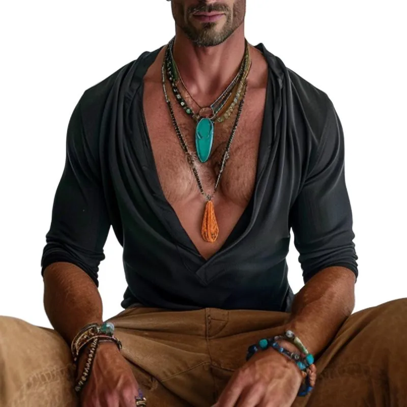 Men's Casual Deep V Neck Long Sleeve T-Shirt 61592474TO sold by Manly