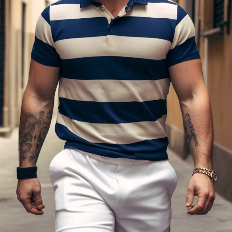 Men's Stripe Print Short Sleeve Lapel Polo Shirt 56376055X sold by Manly product image thumbnail 2