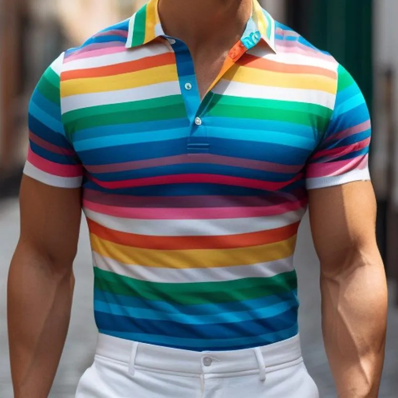 Men's Stripe Print Short Sleeve Lapel Polo Shirt 56376055X sold by Manly product image thumbnail 4