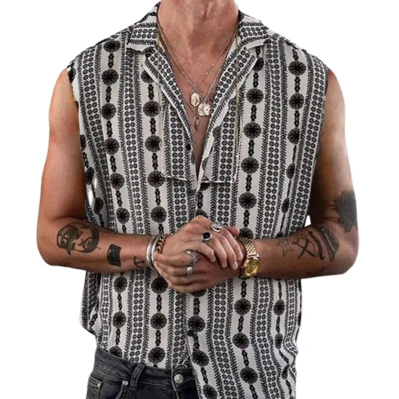 Men's Lapel Printed Casual Sleeveless Shirt 37329959TO sold by Manly