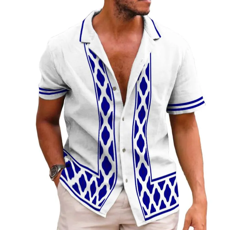 Men's Retro Geometric Cuban Collar Short Sleeve Shirt 46443952TO sold by Manly