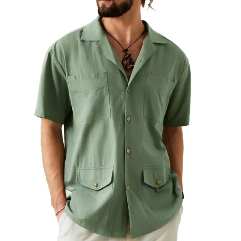 Men's Casual Solid Color Cuban Collar Multi-Pocket Short Sleeve Shirt 80419561Y sold by Manly