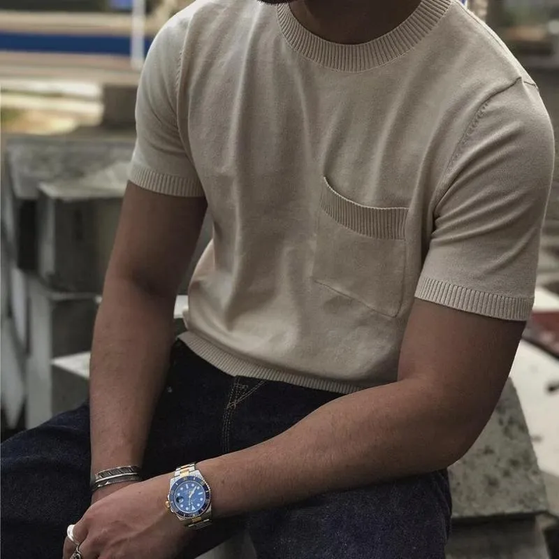 Men's Solid Knitted Round Neck Breast Pocket Short Sleeve T-shirt 32296706Z sold by Manly product image thumbnail 2