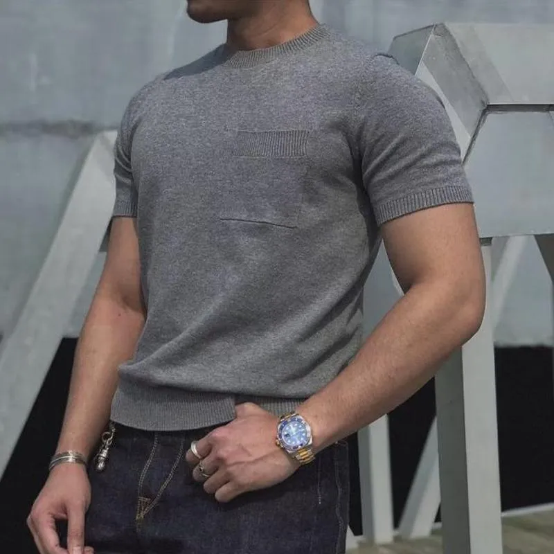 Men's Solid Knitted Round Neck Breast Pocket Short Sleeve T-shirt 32296706Z sold by Manly product image thumbnail 5