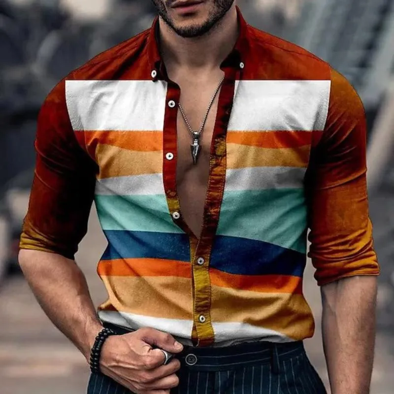 Men's Retro Casual Rainbow Stripe Print Shirt 22970819TO sold by Manly product image thumbnail 2